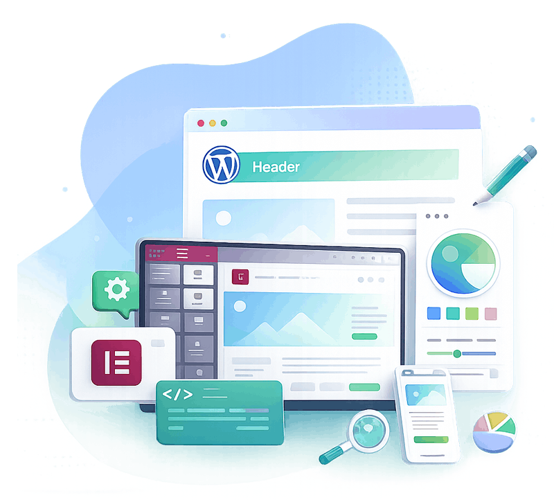 WordPress and Elementor website design workspace illustration