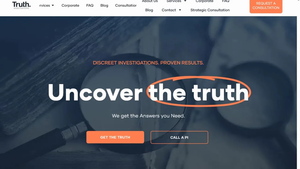 Truth Private Investigators homepage in WordPress portfolio