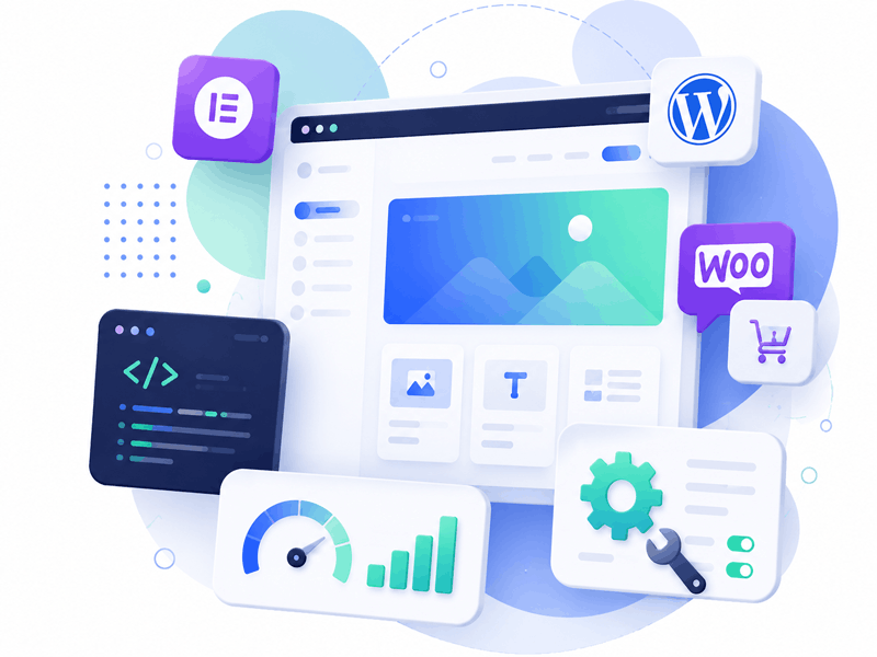 WordPress, Elementor, WooCommerce and website optimization services illustration