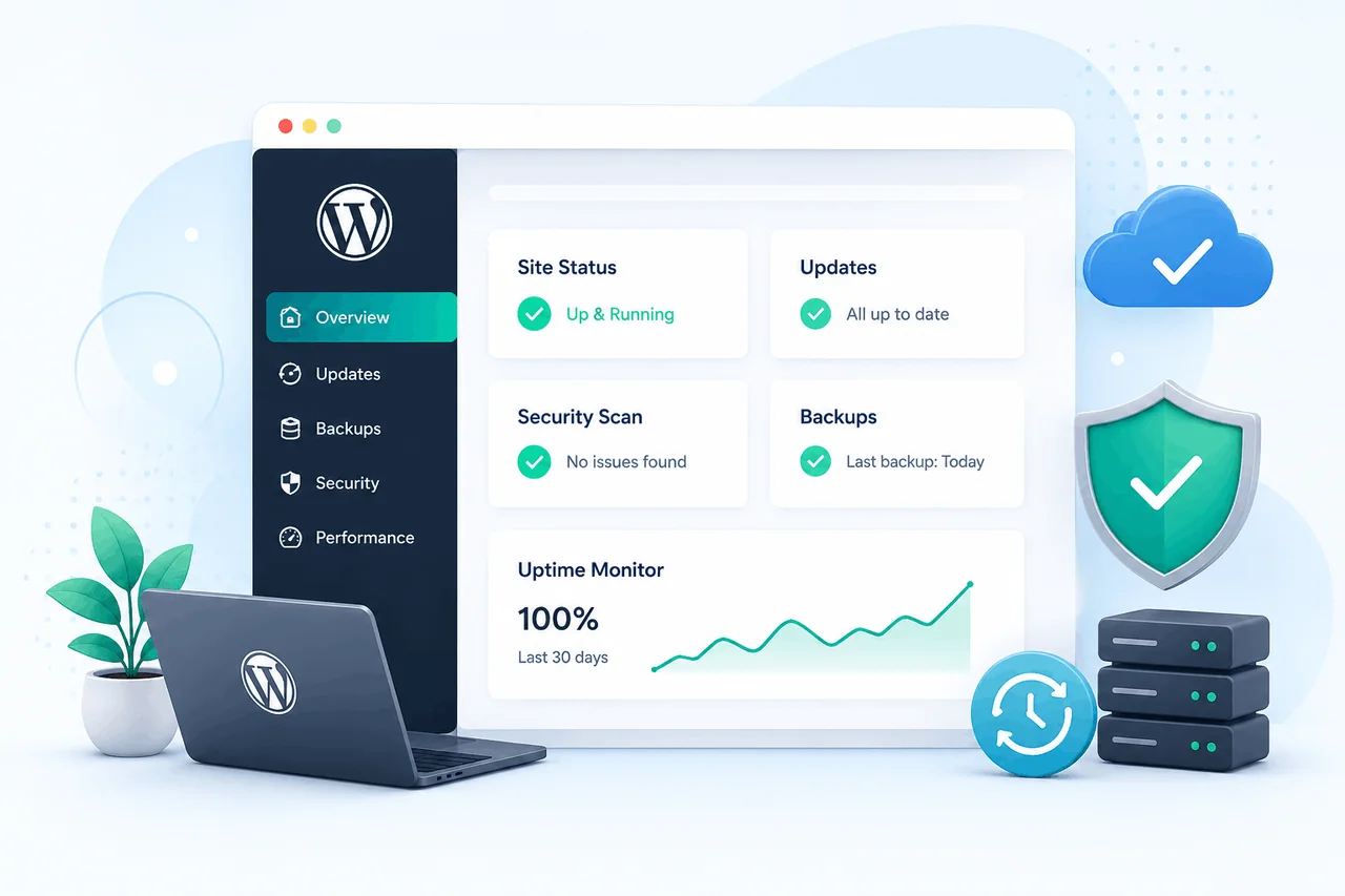 WordPress maintenance dashboard with updates, backups, security checks and uptime monitoring