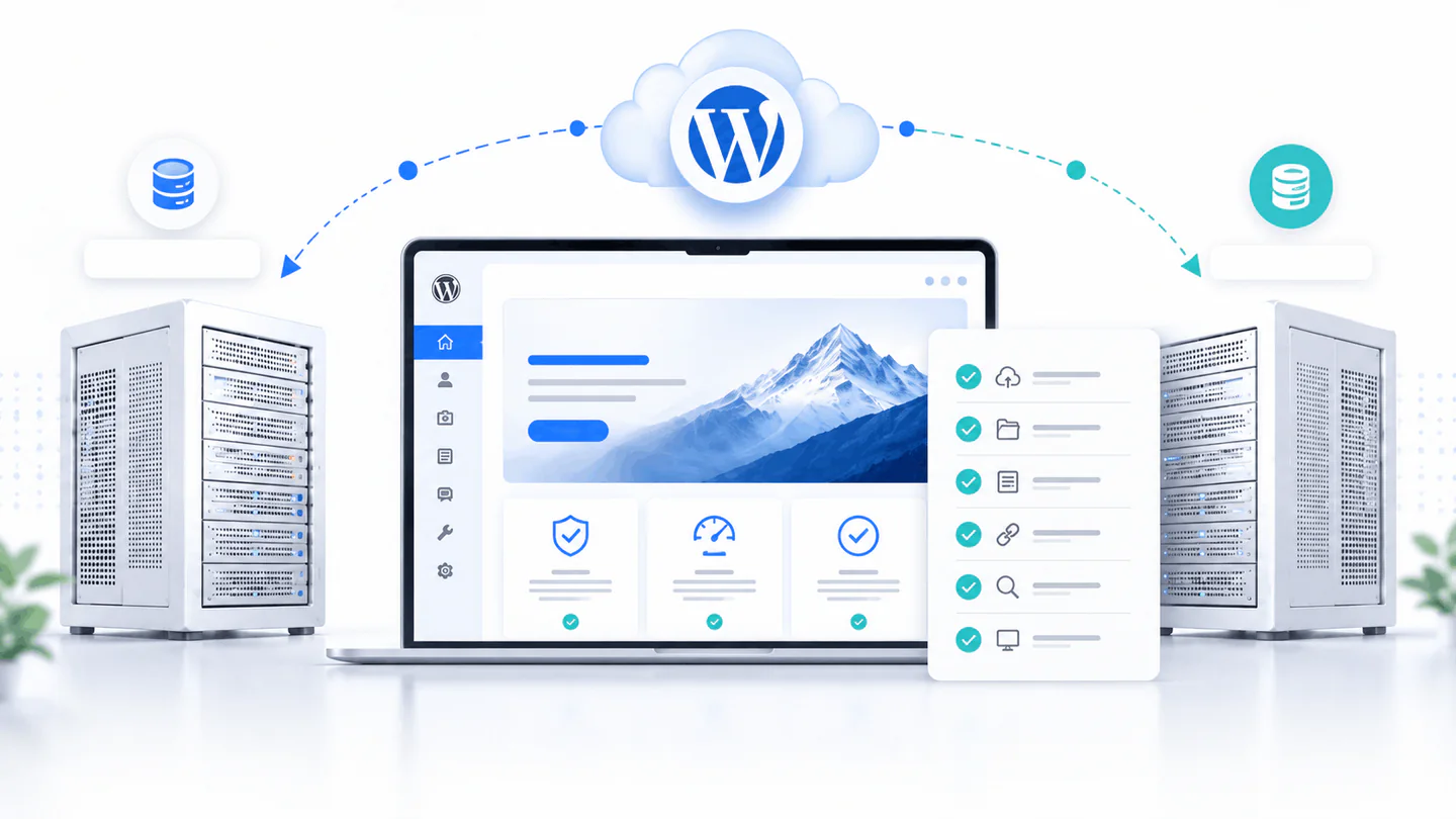 WordPress website migrating securely from an old server to a new server with backups, testing, and SEO checks